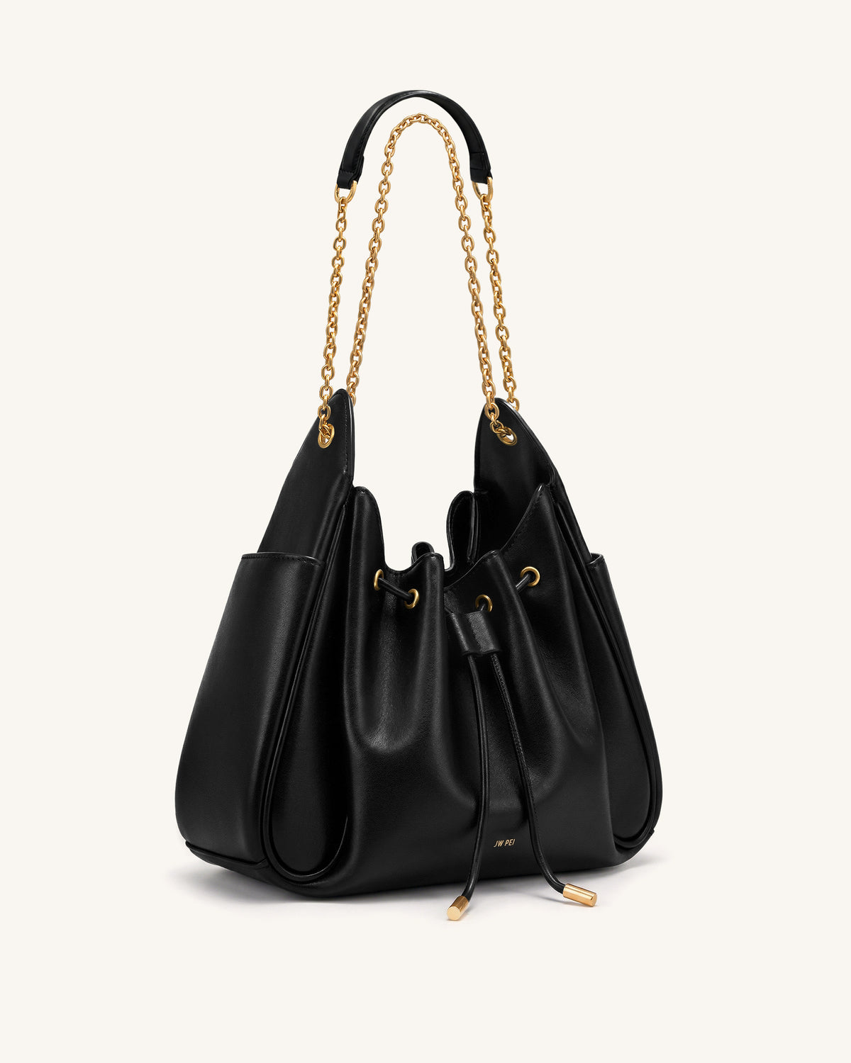 Rowan Ruched Drawstring Chain Bucket Bag - Black - view 2