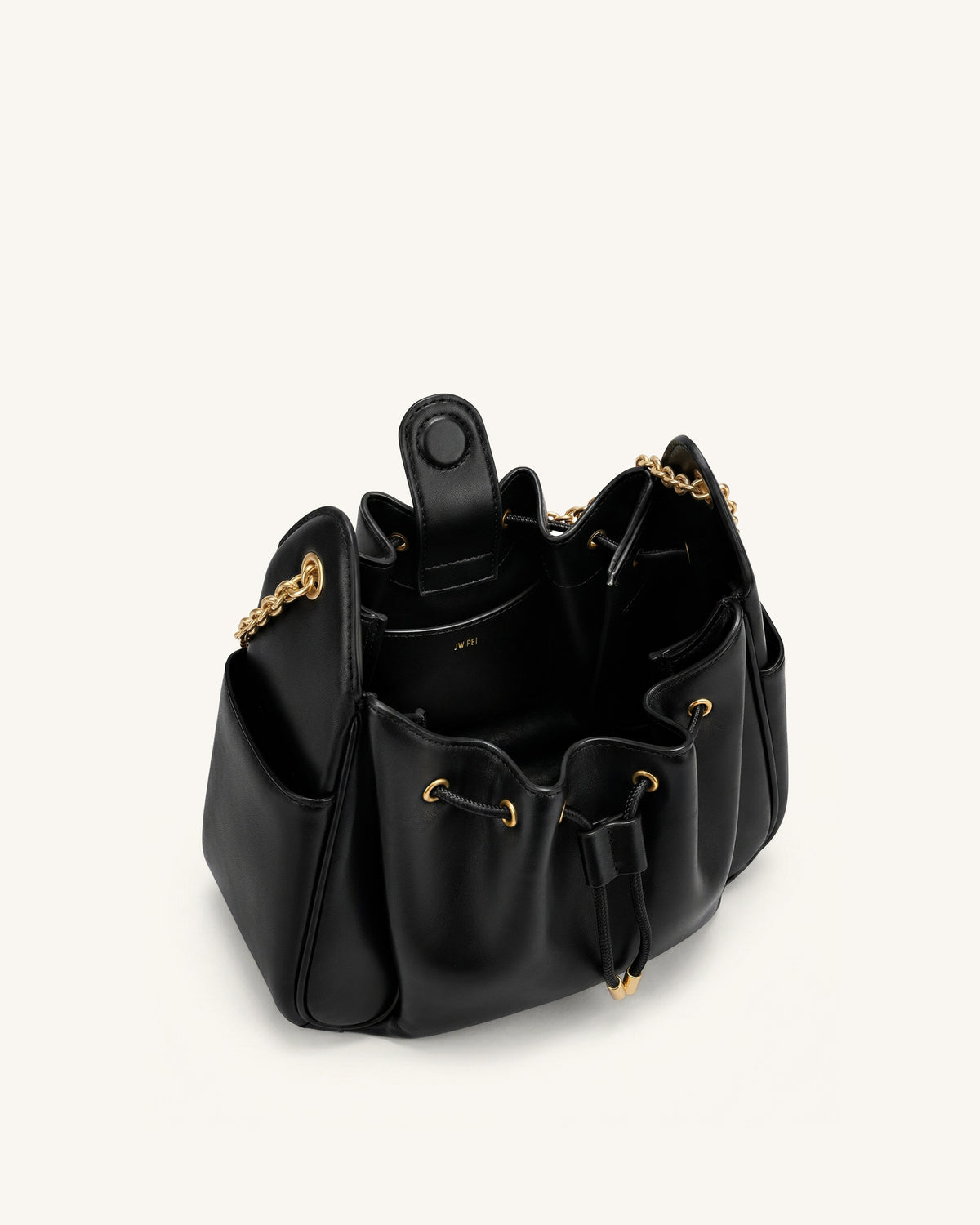 Rowan Ruched Drawstring Chain Bucket Bag - Black - view 4