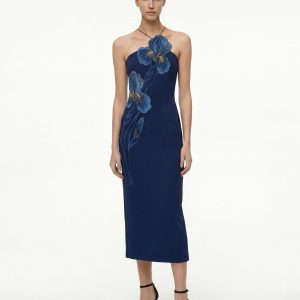 Iris Embroidered Halter Midi Dress - Navy Blue - view 1