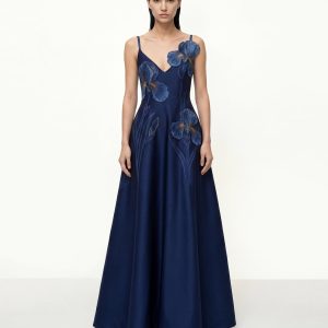 Iris Embroidered A-Line Maxi Dress - Navy Blue - view 1
