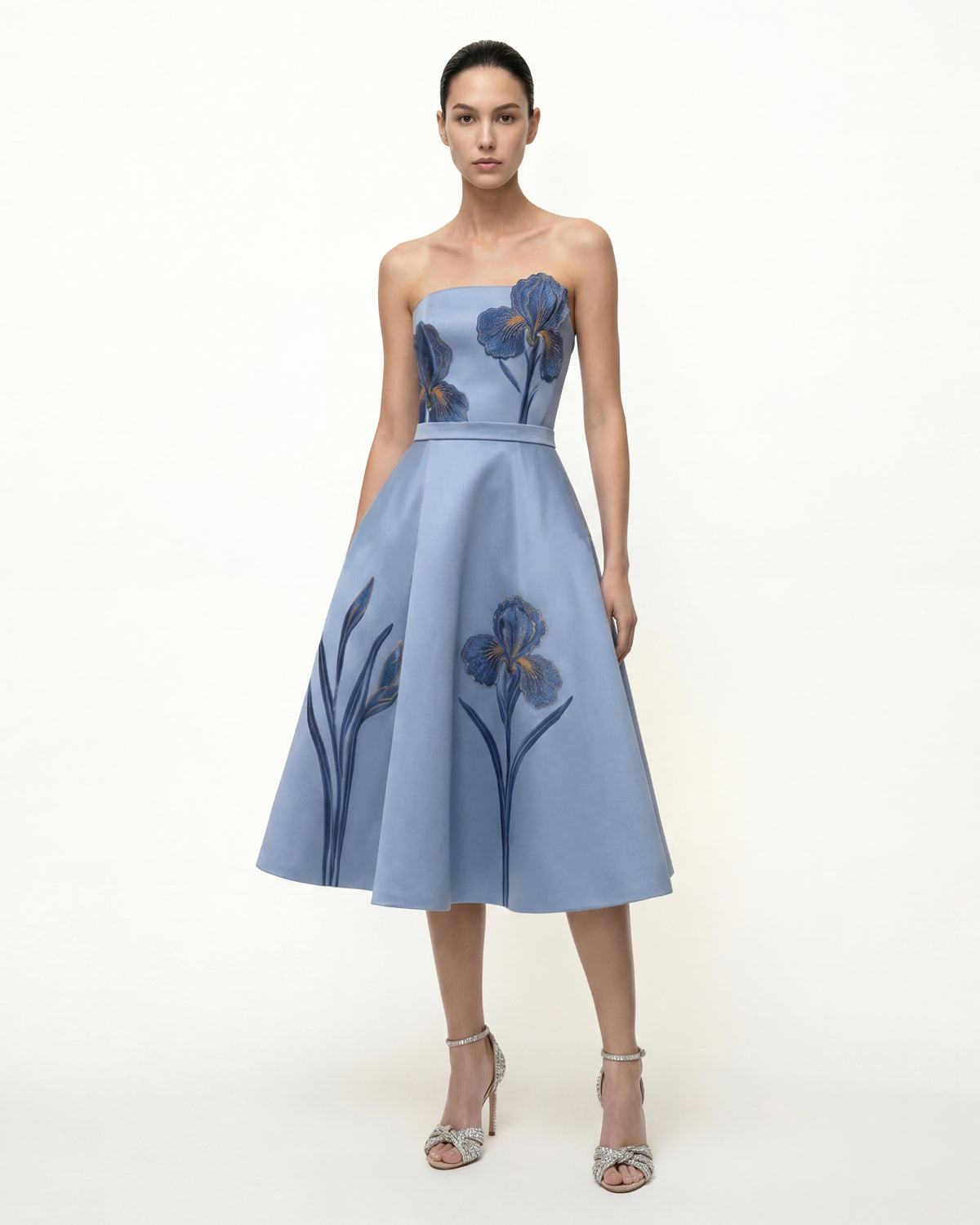 Iris Embroidered Strapless A-Line Midi Dress - Dusty Blue - view 1
