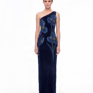Iris Embroidered Velvet One Shoulder Maxi Dress - Navy Blue - view 1