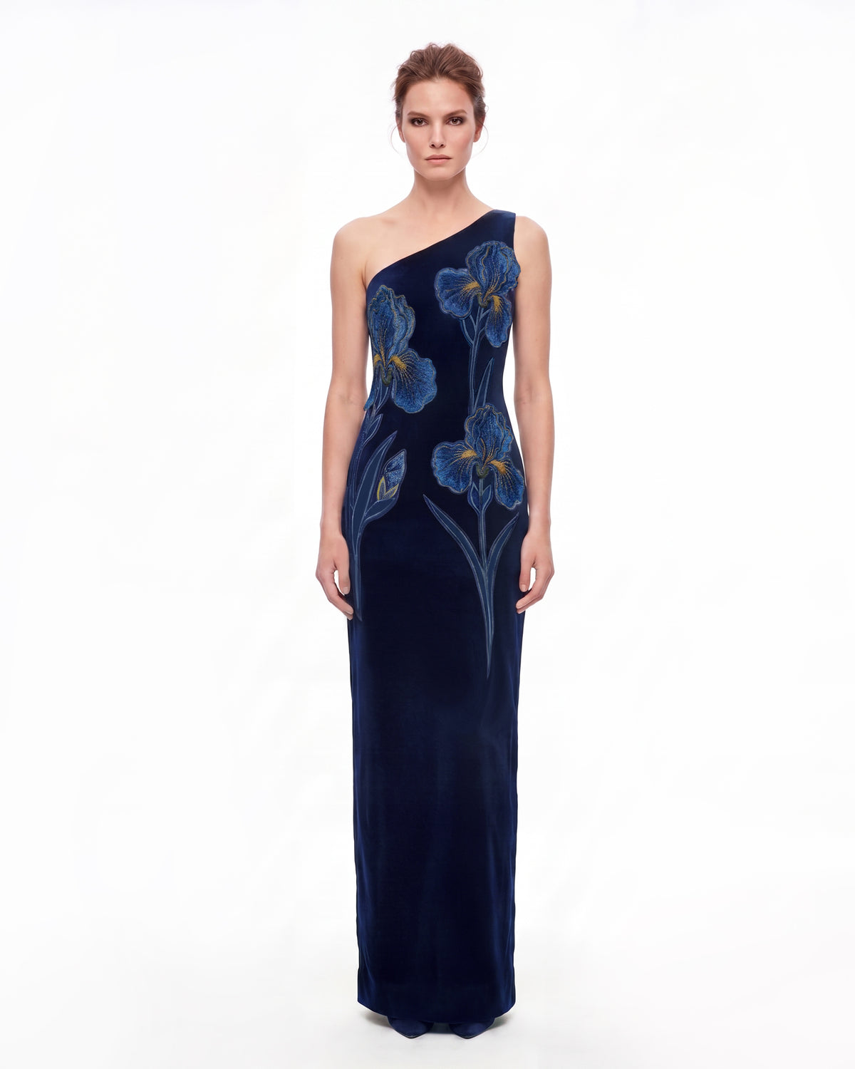 Iris Embroidered Velvet One Shoulder Maxi Dress - Navy Blue - view 1