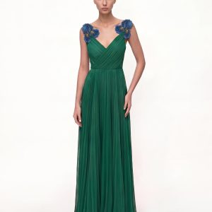 Iris Embroidered Pleated V-Neck Maxi Dress - Emerald Green - view 1
