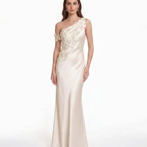 Floral Appliqué One Shoulder Sheath Maxi Dress - Ivory