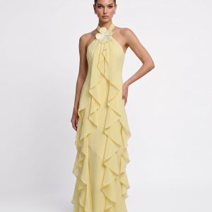 Floral Appliqué Ruffle Halter Chiffon Maxi Dress - Yellow
