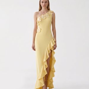 Floral Appliqué One Shoulder Ruffle Slit Dress - Yellow