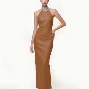 Jeweled High Neck Halter Maxi Dress - Caramel Brown - view 1