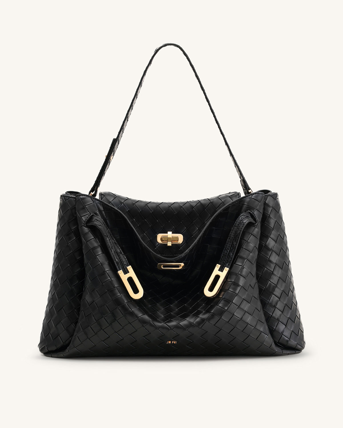Rhea Large Woven Textured Shoulder Bag - Black - view 1