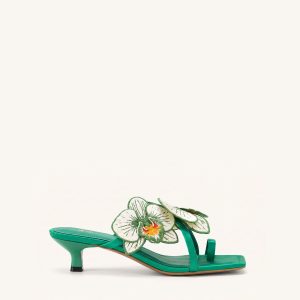 Serena Orchid Embroidered Toe Ring Heeled Sandals - Emerald Green - view 1