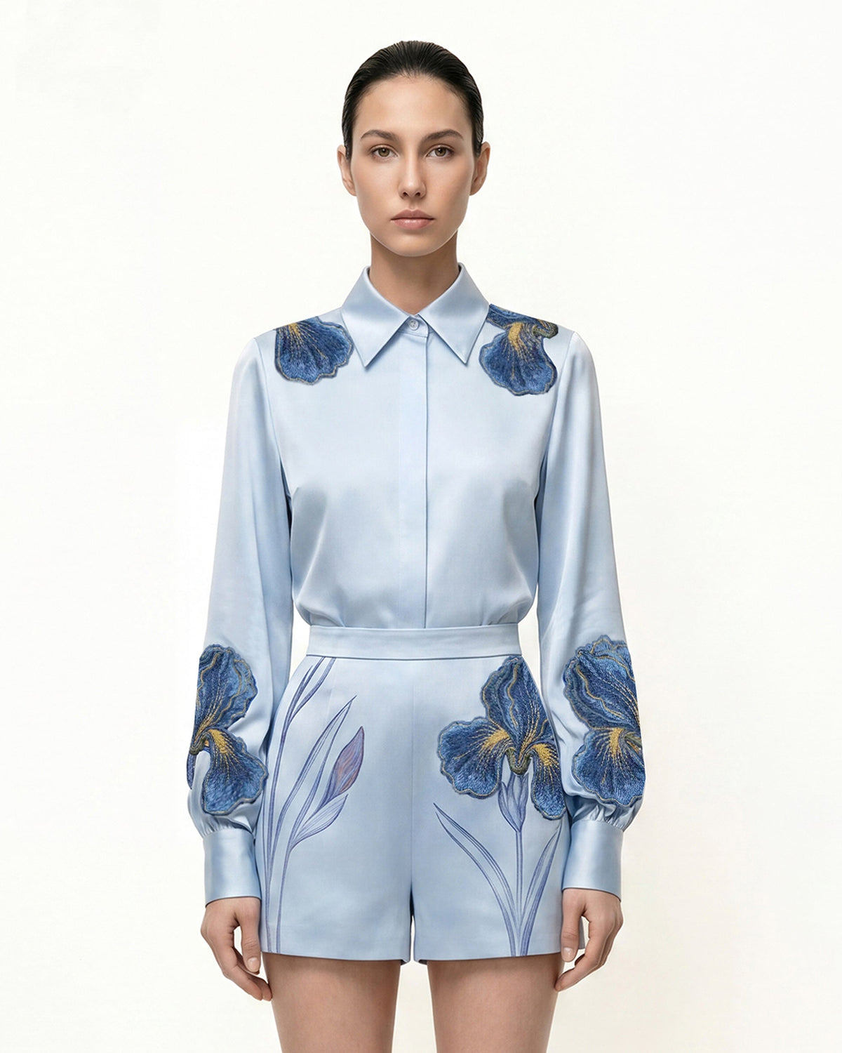 Iris Embroidered Collared Long Sleeve Shirt - Light Blue - view 2