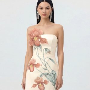 Slipper Orchid Appliqué Mini Dress - Ivory/Peach Pink - view 1