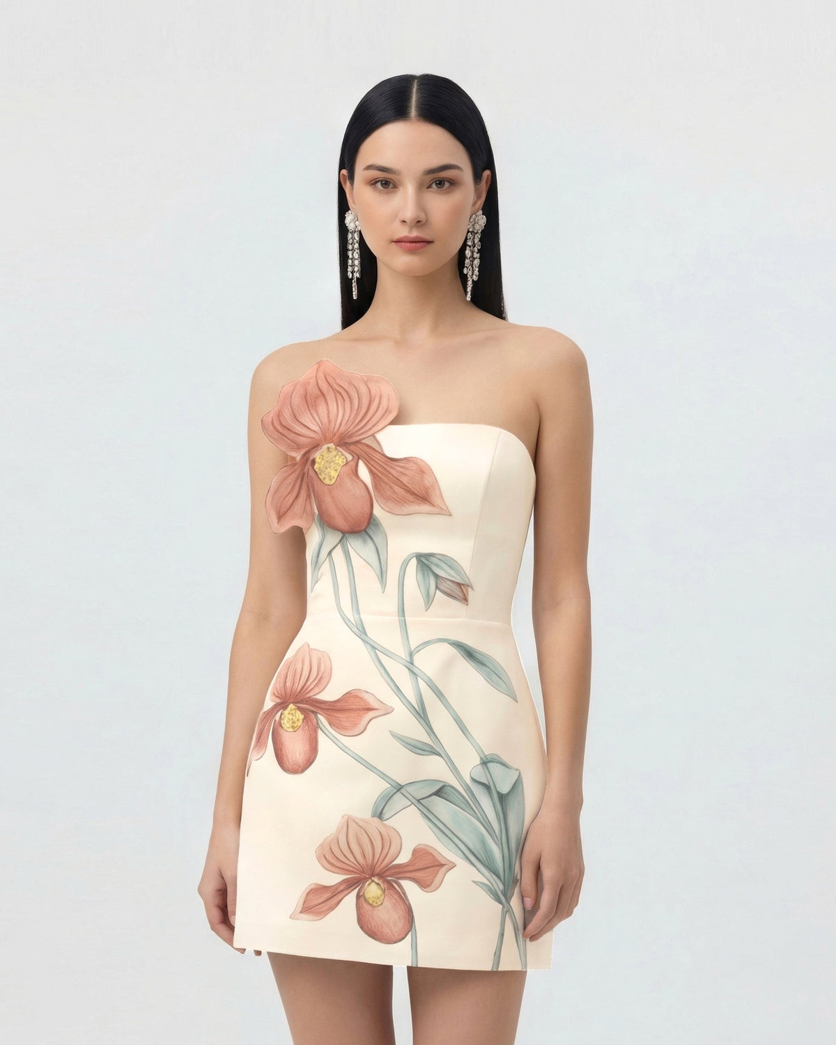 Slipper Orchid Appliqué Mini Dress - Ivory/Peach Pink - view 1