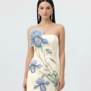 Slipper Orchid Appliqué Mini Dress - Ivory/Blue - view 1