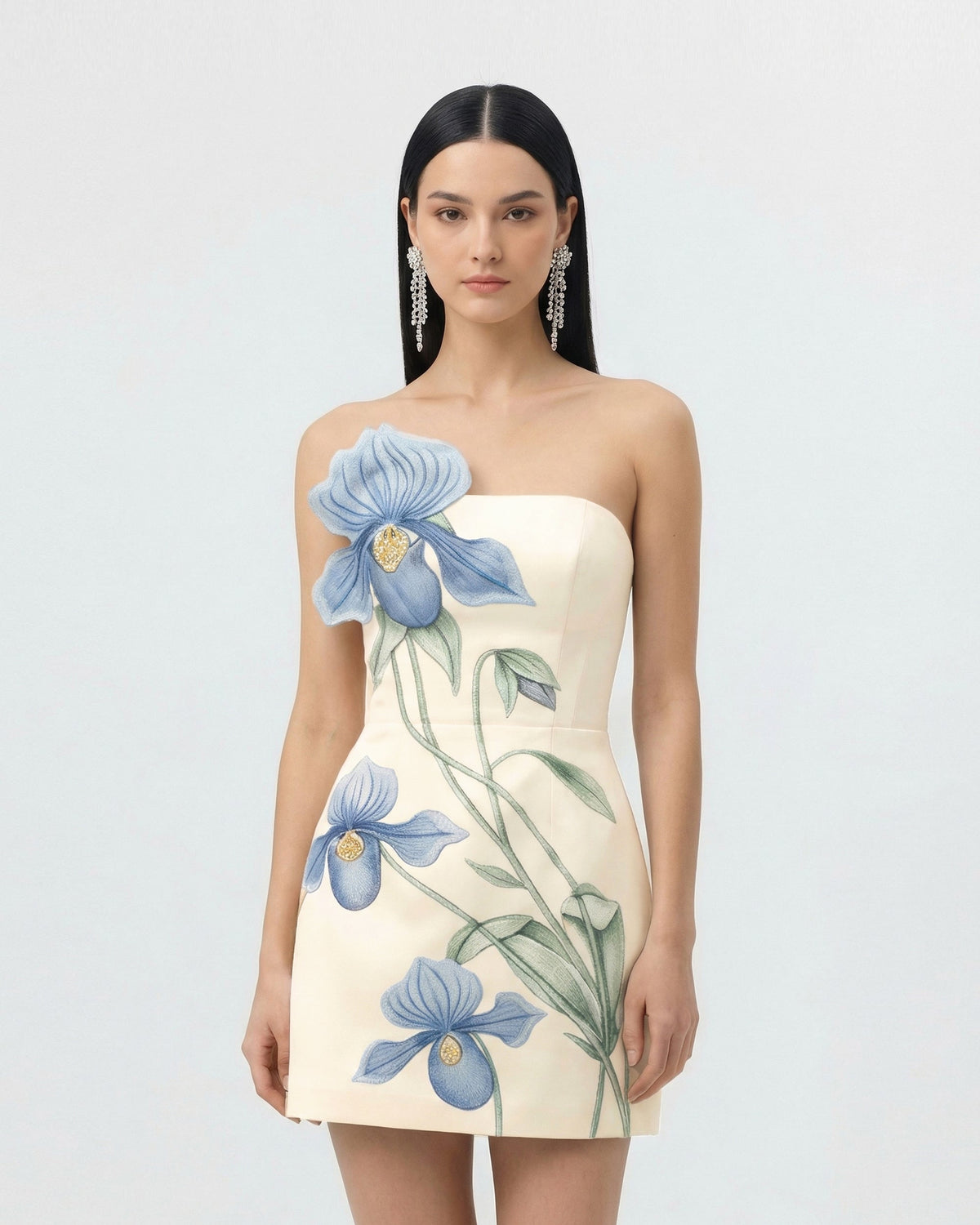 Slipper Orchid Appliqué Mini Dress - Ivory/Blue - view 1