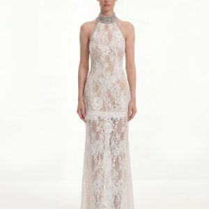 Jeweled Lace Halter Dress - White - view 1