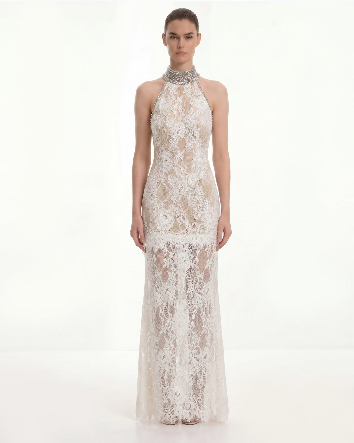 Jeweled Lace Halter Dress - White - view 1