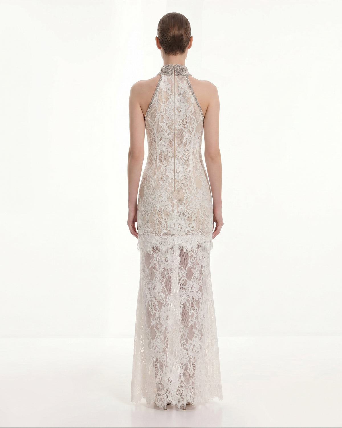 Jeweled Lace Halter Dress - White - view 2
