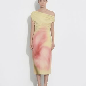 Watercolor Floral Print One-Shoulder Asymmetric Midi Dress - Yellow - view 1