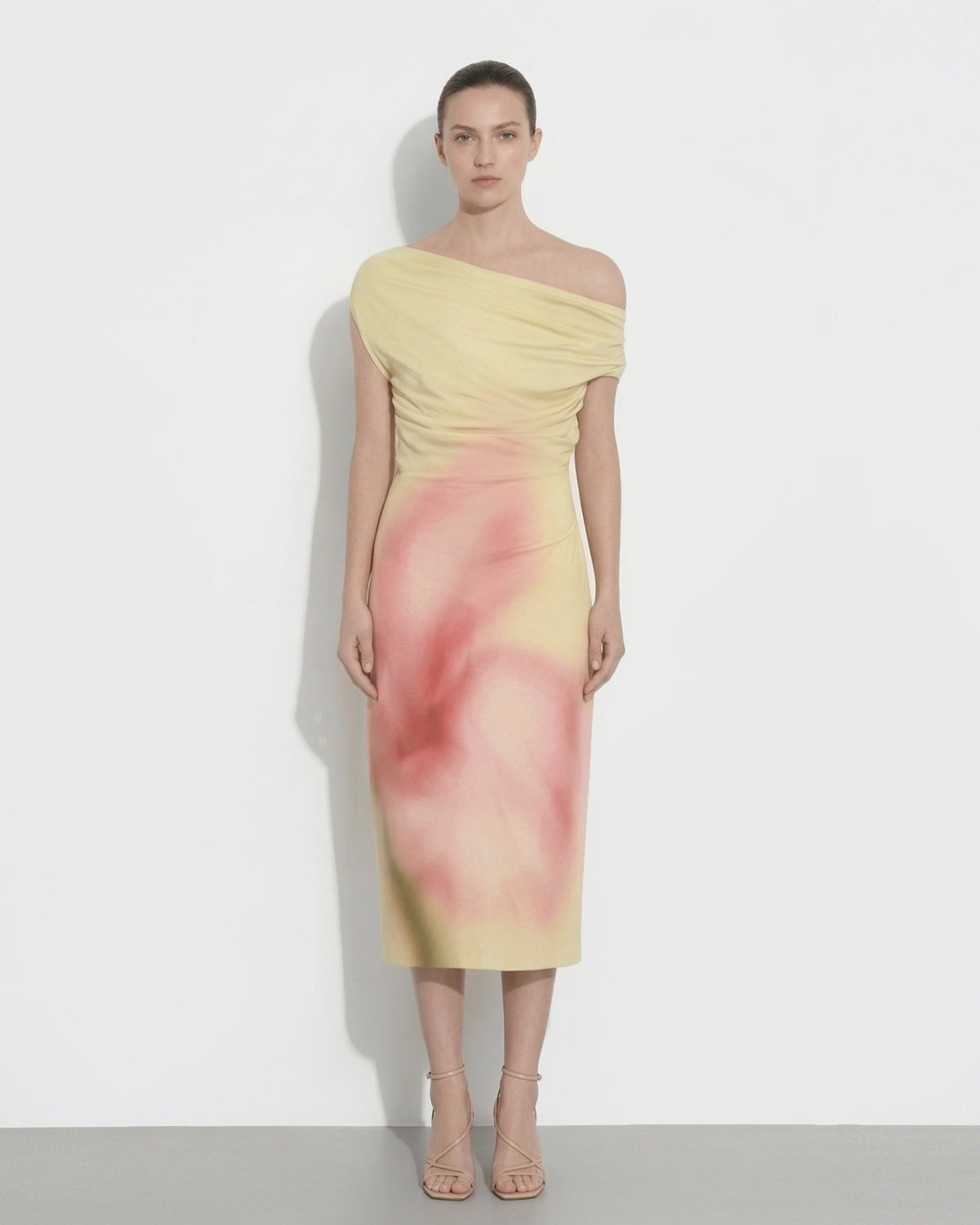 Watercolor Floral Print One-Shoulder Asymmetric Midi Dress - Yellow - view 1