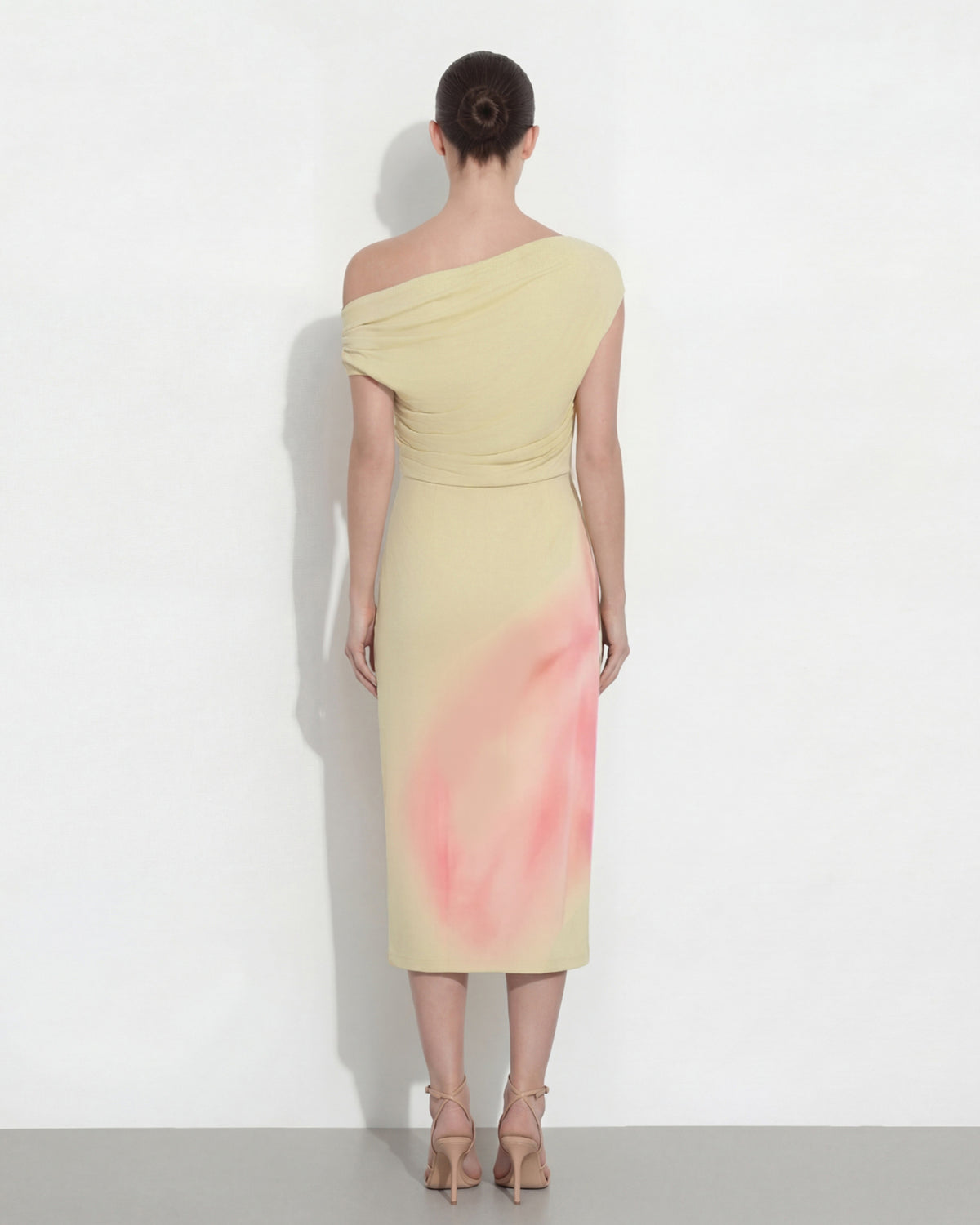 Watercolor Floral Print One-Shoulder Asymmetric Midi Dress - Yellow - view 2