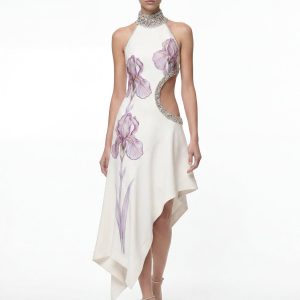 Jeweled Floral Cutout High Neck Dress - White - view 1