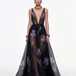 Sheer Floral Print Maxi Dress - Black - view 1