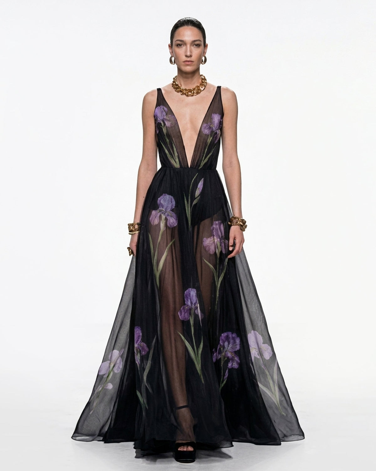 Sheer Floral Print Maxi Dress - Black - view 1