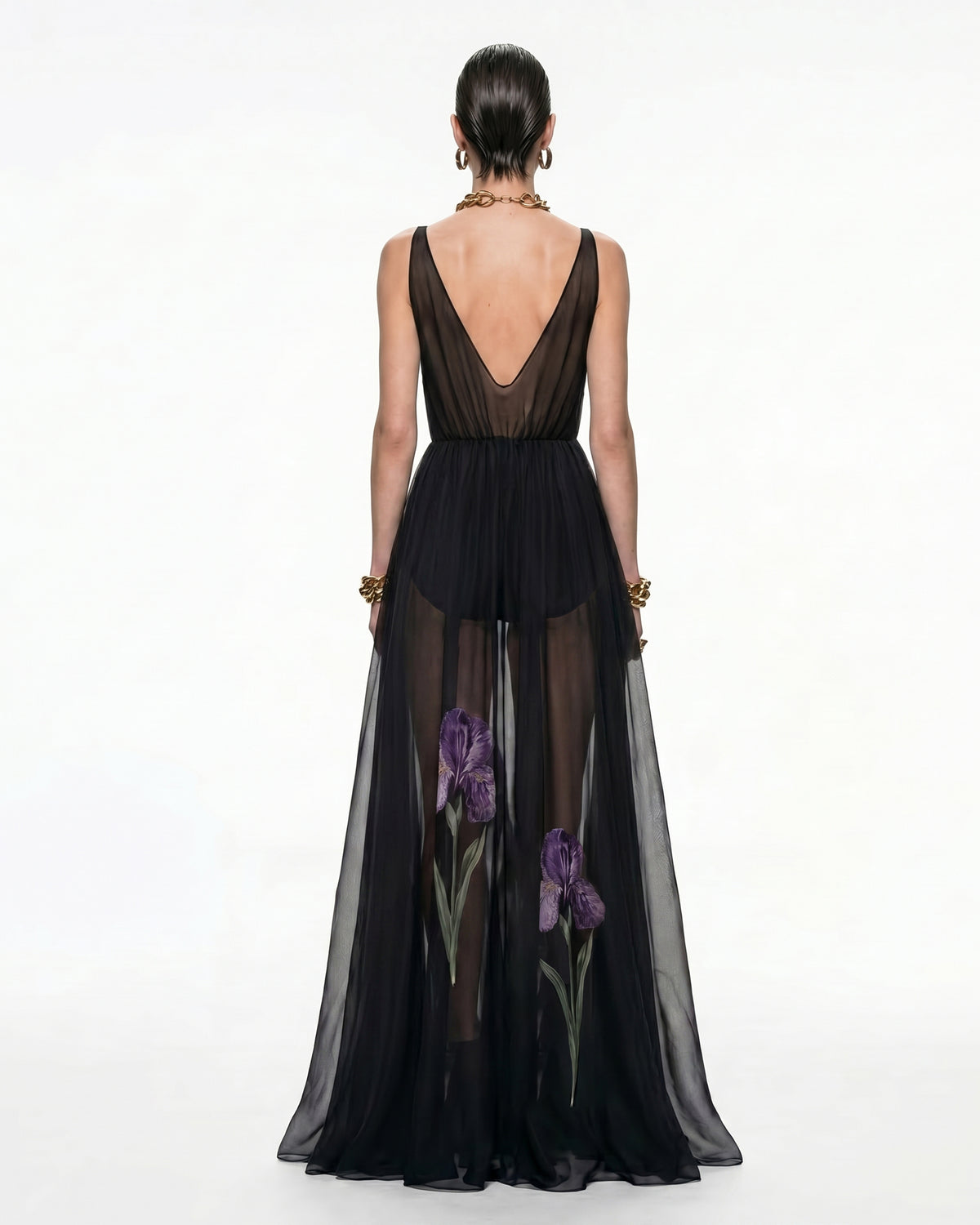 Sheer Floral Print Maxi Dress - Black - view 2