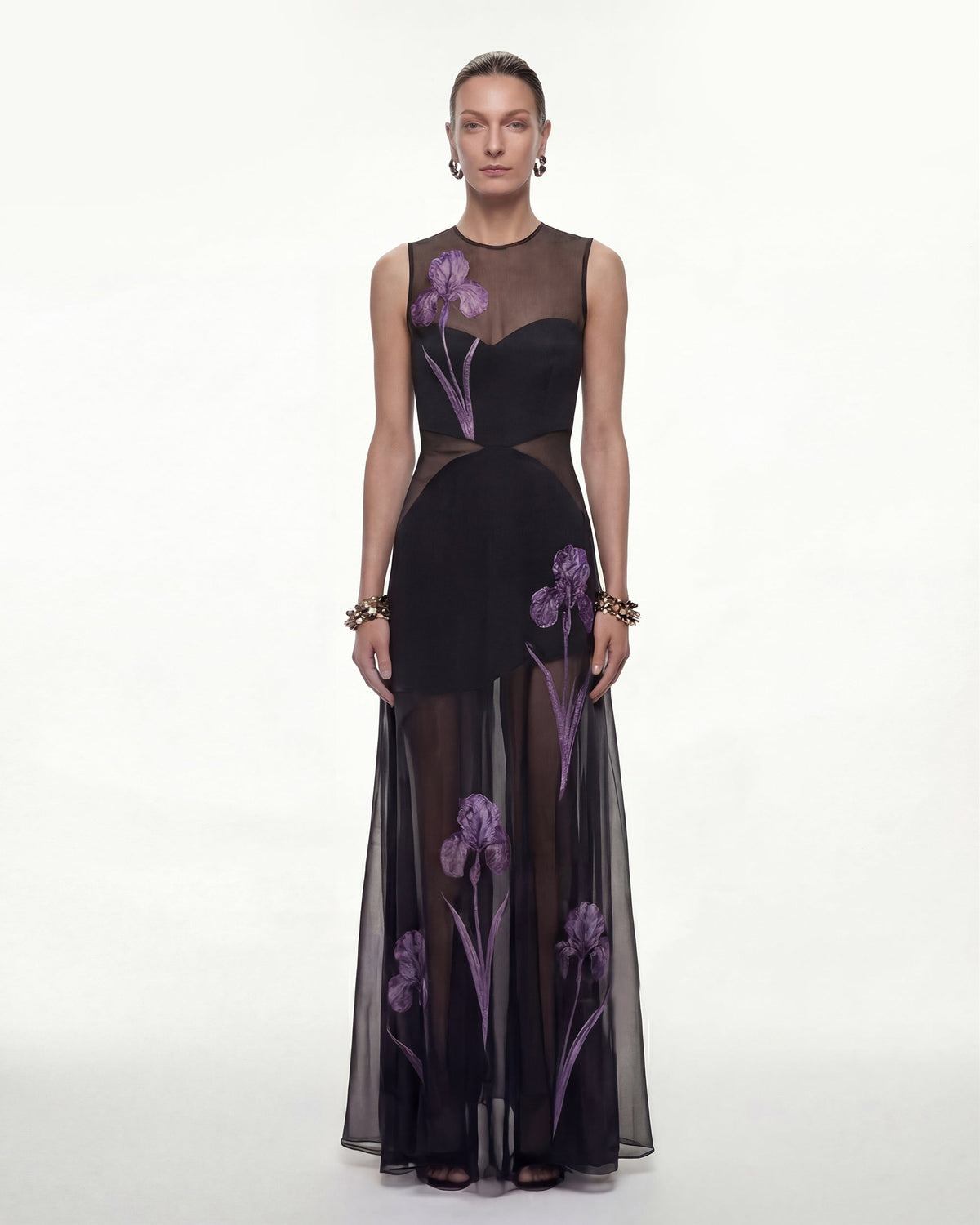Sheer Floral Print Paneled Maxi Dress - Black - view 1