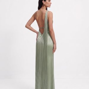 Fringe One Shoulder Maxi Dress - Sage Green - view 1