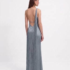 Fringe One Shoulder Maxi Dress - Misty Blue - view 1