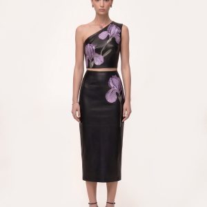 Iris Floral-Print High Waist Pencil Leather Midi Skirt - Black - view 1