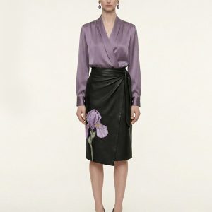 Satin Wrap V Neck Long Sleeve Blouse - Dusty Mauve - view 1