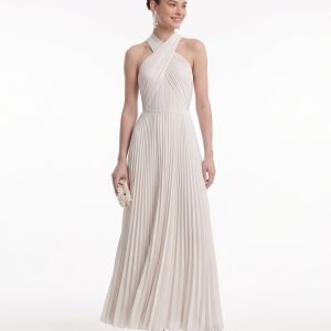 Pleated Cross Halter Maxi Dress - Ivory - view 1