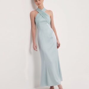 Pleated Cross-Halter Satin Maxi Dress - Dusty Blue - view 1