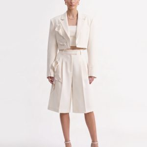 Floral Appliqué Cropped Blazer - White - view 1