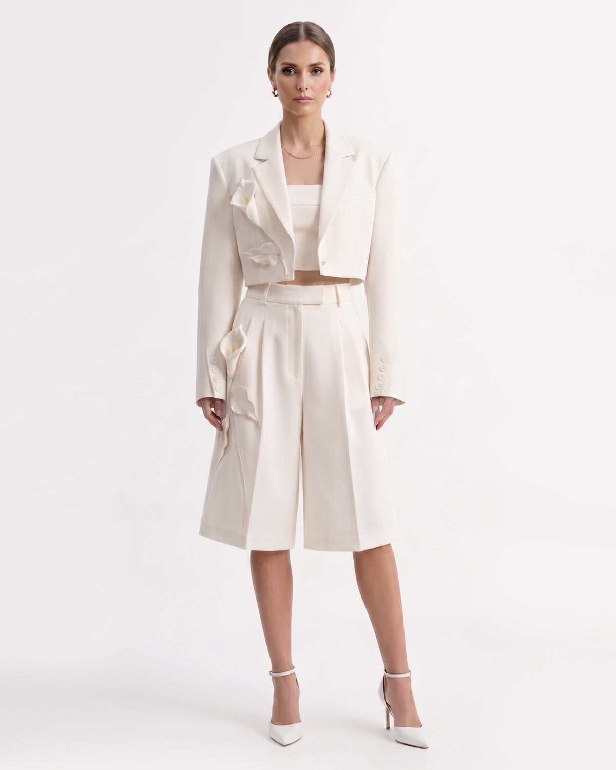 Floral Appliqué Cropped Blazer - White - view 1