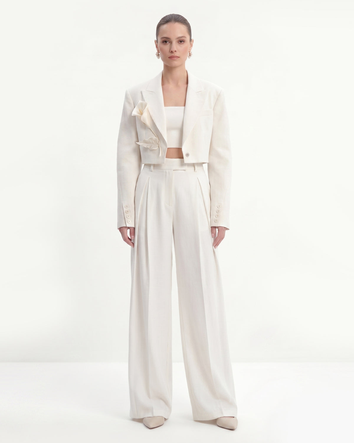 Floral Appliqué Cropped Blazer - White - view 2
