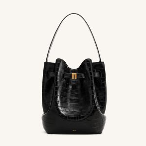Clara Lock Accent Bucket Shoulder Bag - Black Croc - view 1