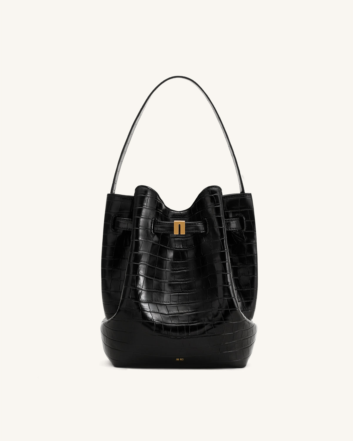Clara Lock Accent Bucket Shoulder Bag - Black Croc - view 1