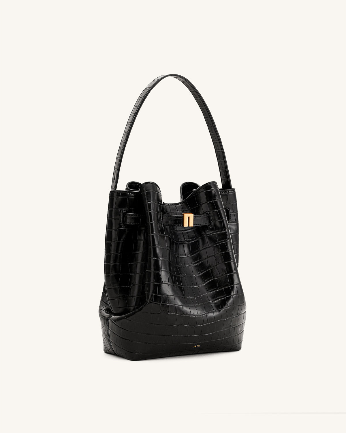 Clara Lock Accent Bucket Shoulder Bag - Black Croc - view 2