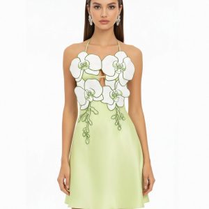 Orchid Embroidered Halter Mini Dress - Light Green - view 1