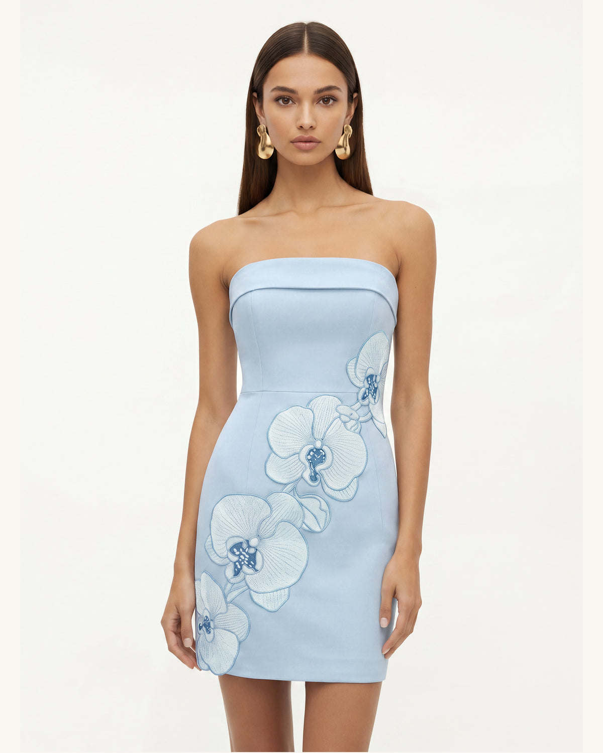 Orchid Embroidered Strapless Sheath Midi Dress - Light Blue - view 1