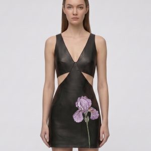 Iris Floral Cutout Bodycon Leather Mini Dress - Black - view 1