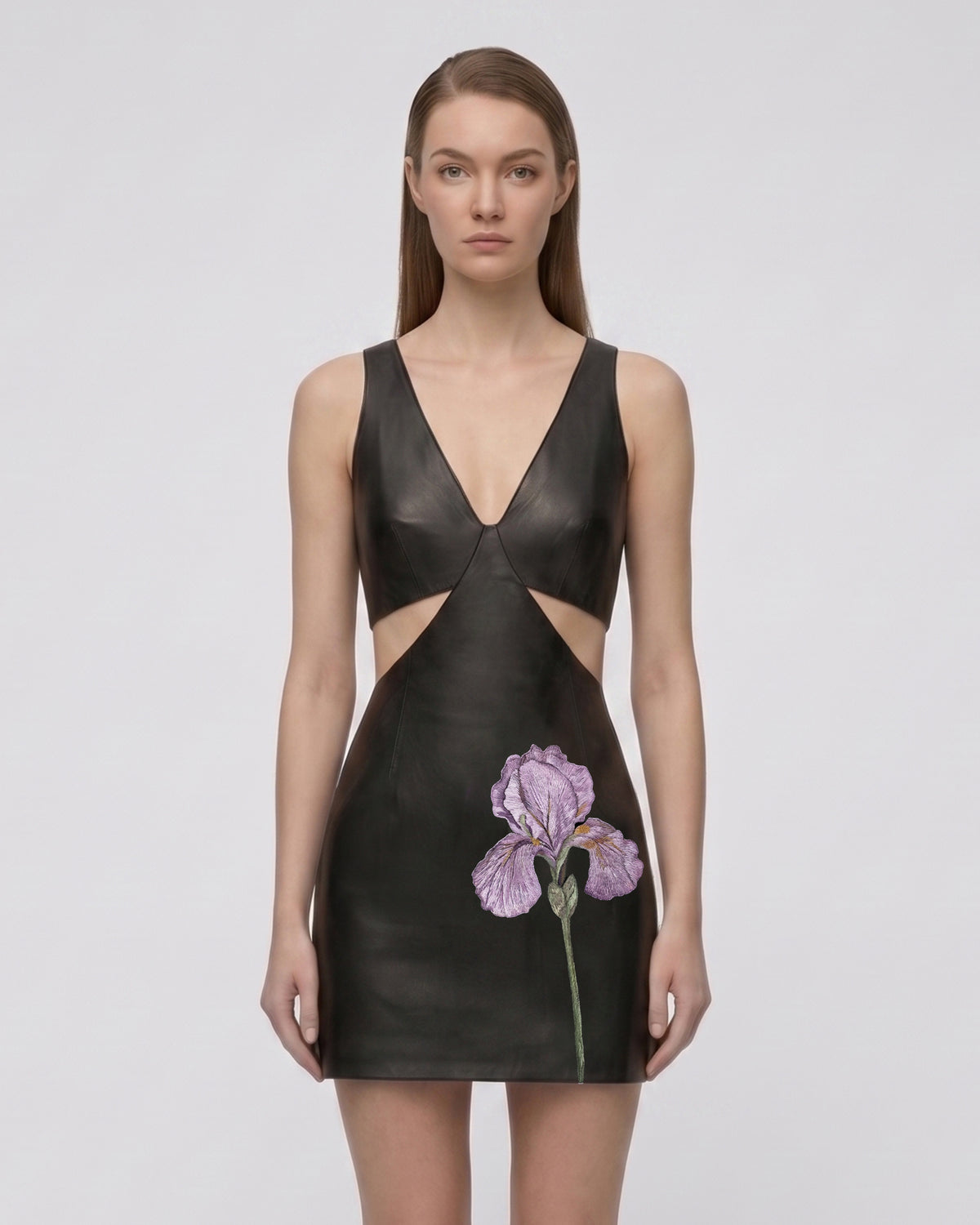 Iris Floral Cutout Bodycon Leather Mini Dress - Black - view 1