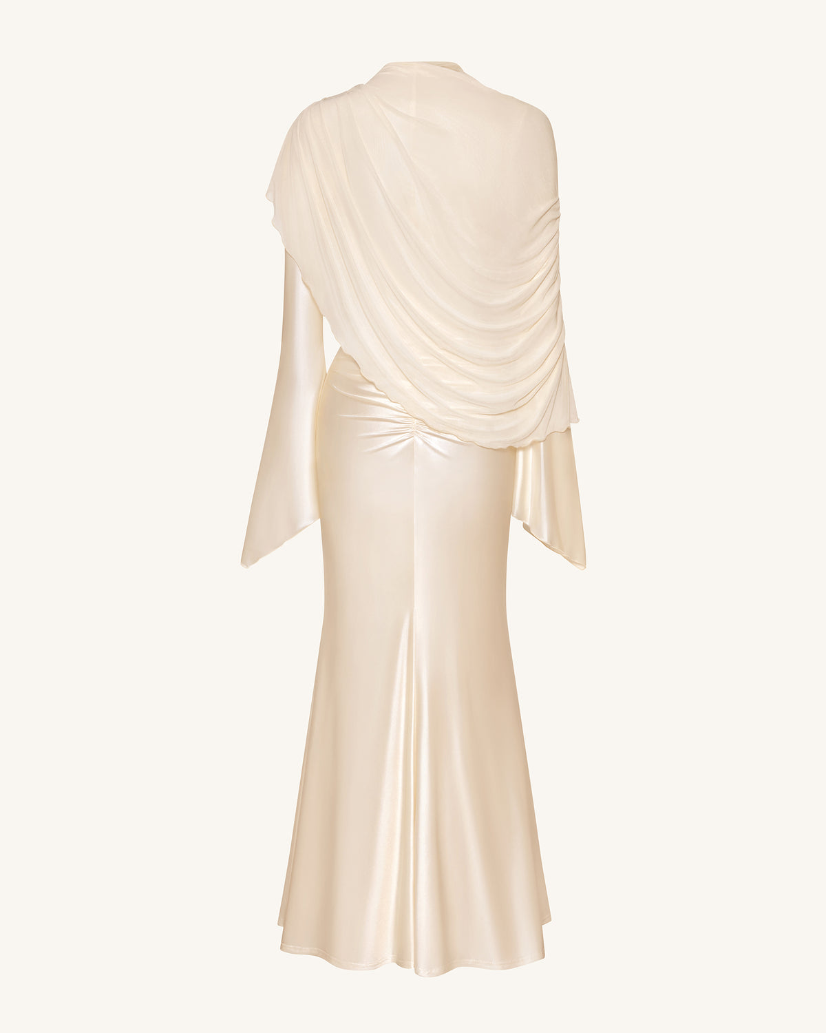 Sheer Shawl Ruched Bodycon Maxi Gown - Cream - view 4