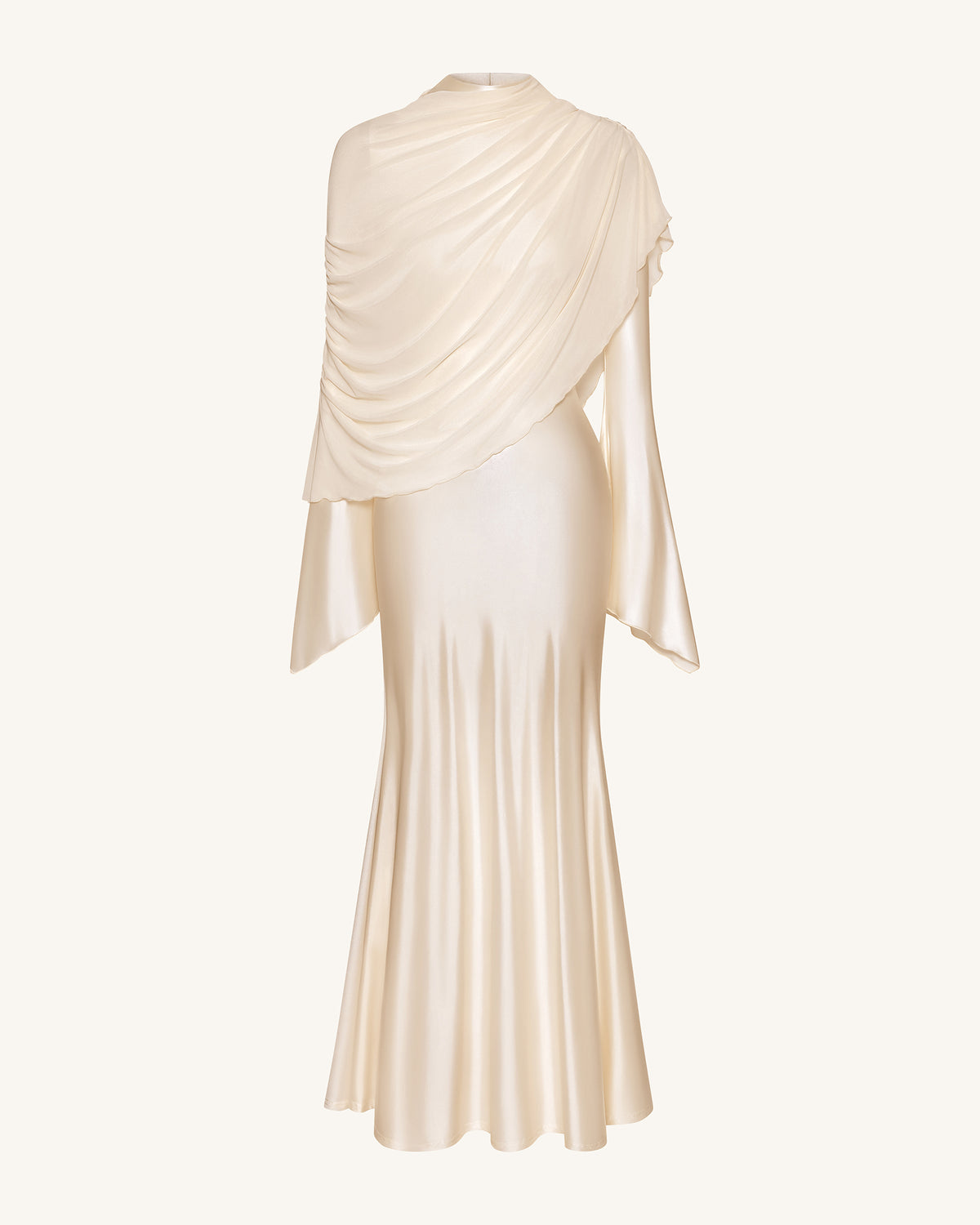 Sheer Shawl Ruched Bodycon Maxi Gown - Cream - view 3