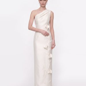 Floral Appliqué One-Shoulder Maxi Dress - White