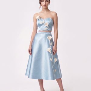 Floral Appliqué Satin Midi Skirt - Light Blue - view 1
